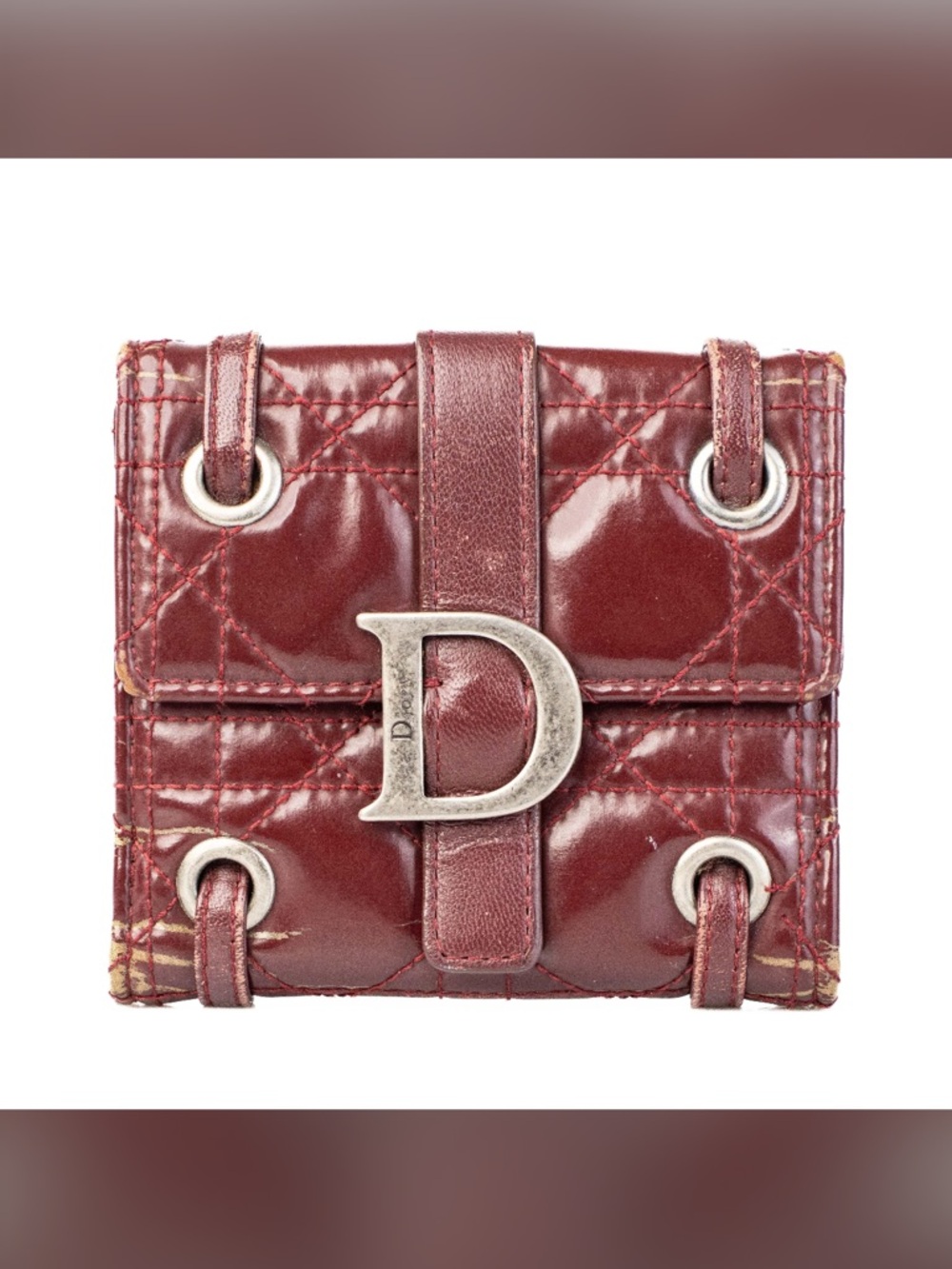 Dior Quilted Patent Leather Trifold Wallet in Burgundy with Silver 'D'